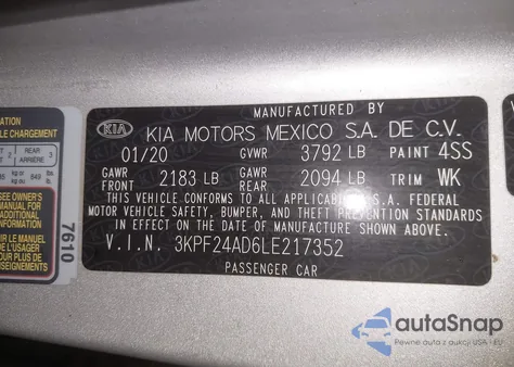 2020 Kia Forte Lxs from USA, damaged, VIN 3KPF24AD6LE217352